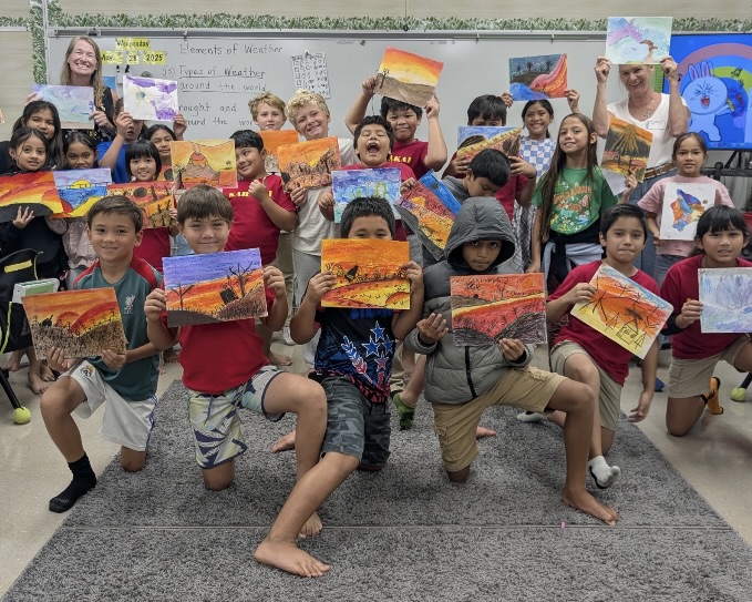 Teaching Artists Lynn Robert and Heather Ostrom with students, Kahakai Elementary
